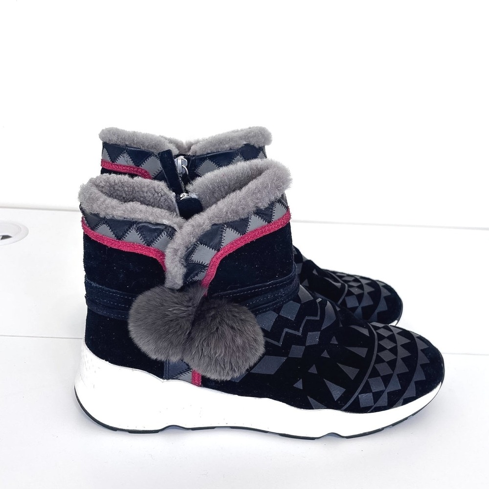 ASH Womens Mongolian Lambskin Suede Shearling Boots 39 Black Geometric Pom Pom